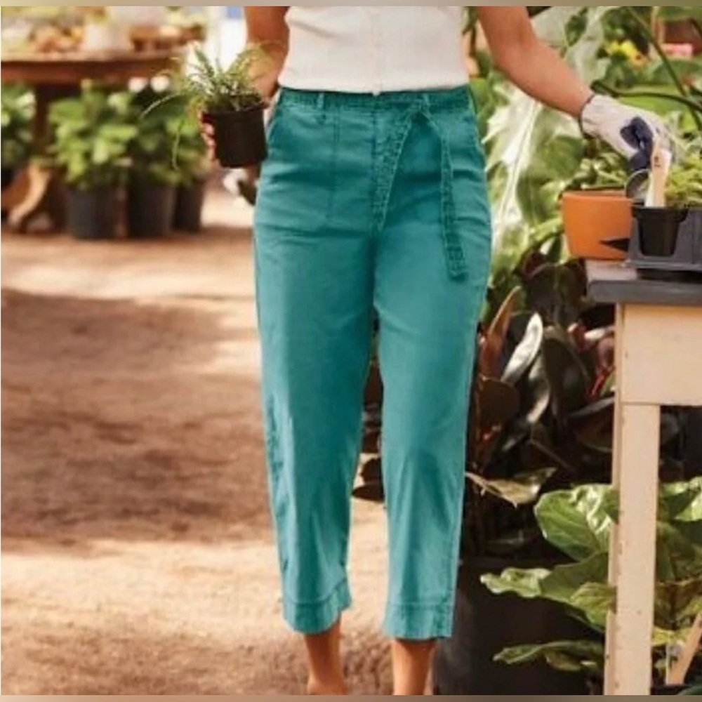 SOFT SURROUNDINGS Tea Party Crip Pants Tidal Wave Teal Turquoise Linen Belted